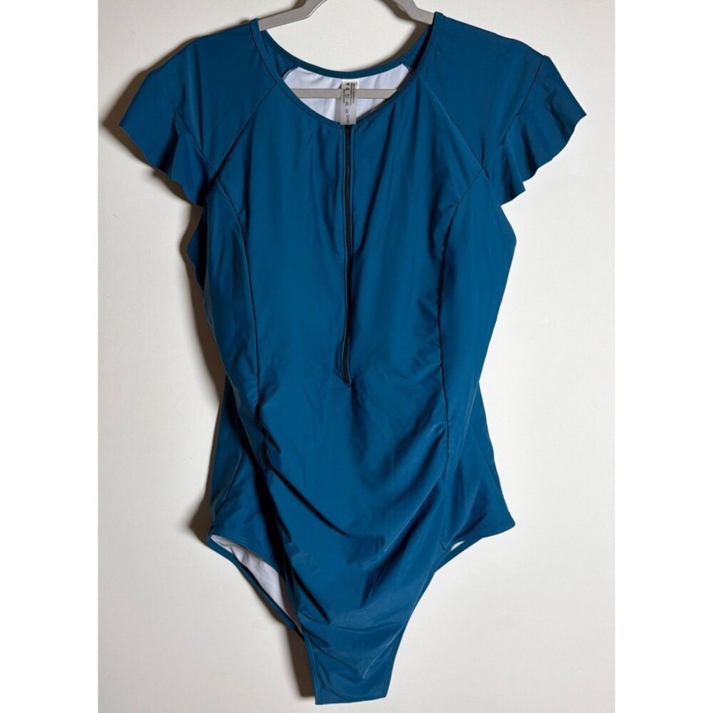 Women’s Plus Size 22W Teal One Piece Swimsuit Front Zip Flutter Sleeve Ruched - Picture 11 of 12